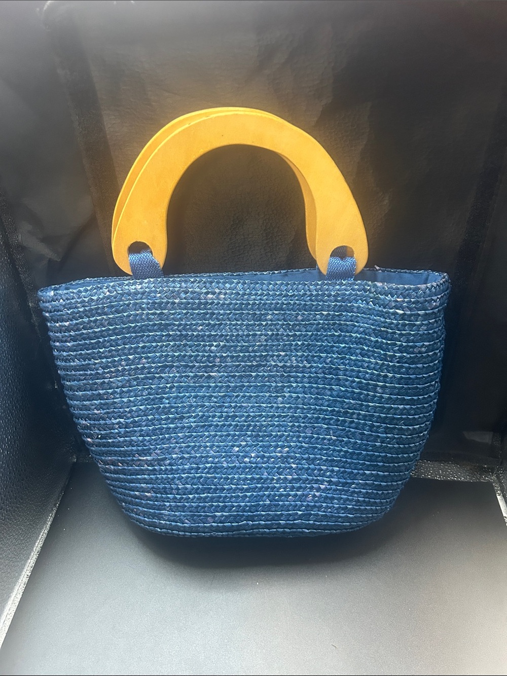 Faded Glory Blue Straw Tote with Wooden Handles